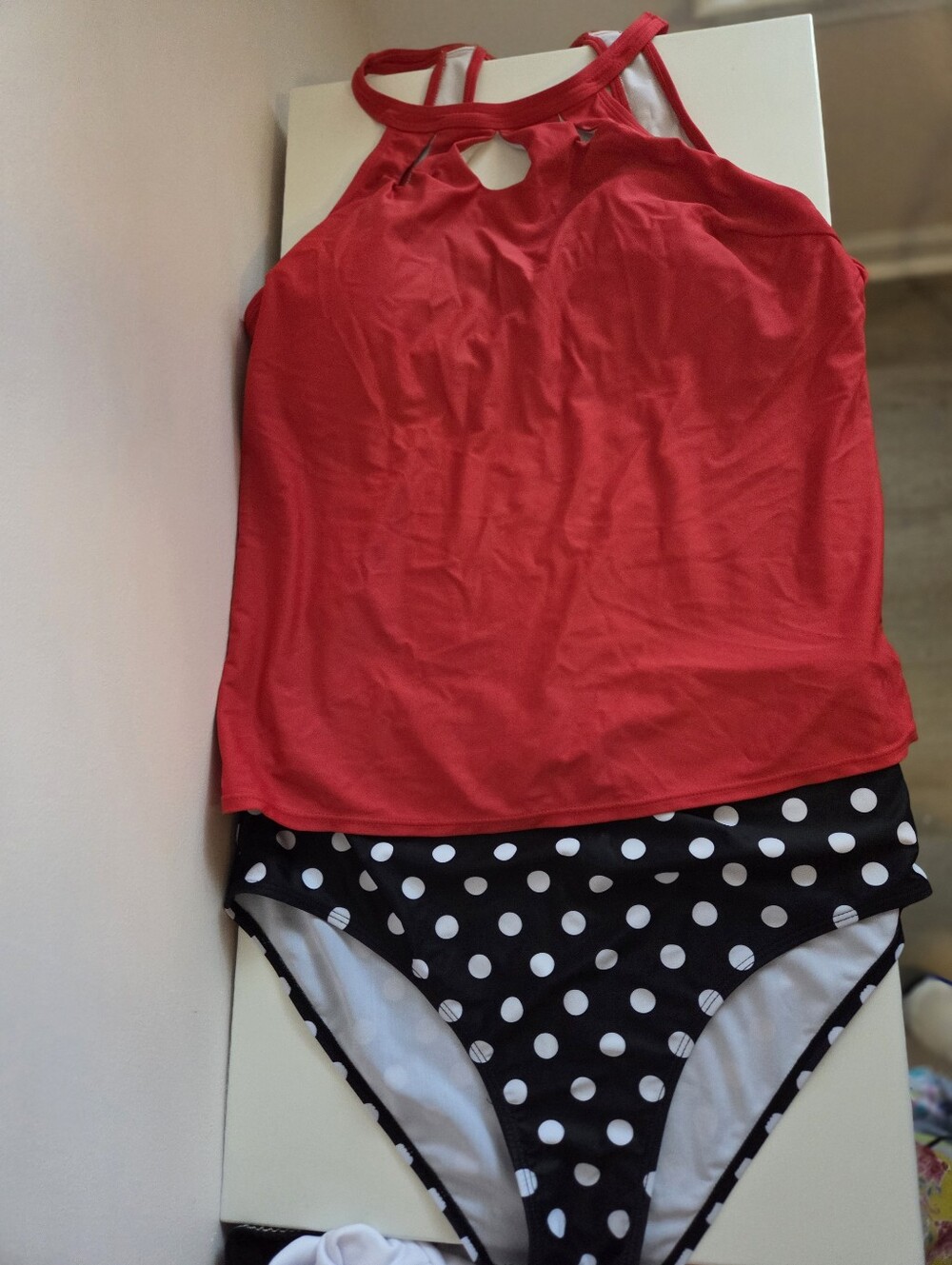Red Tankini Swim Set with Black & White Polka Dot Bottoms